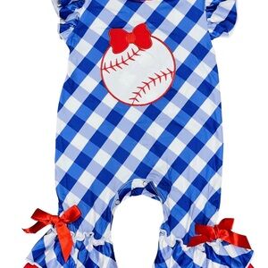 Little Girls Baseball Checkered Romper